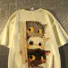 Camiseta de Algodão Puro Estampa de Gato Retrô Americana Manga Curta para Mulheres e Homens, Top Solto Tendência Verão Hip-Hop para Casais