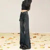 Jeans retro de tiro alto microacampanados para mujer, nuevos pantalones rectos acampanados ajustados elásticos adelgazantes bordados de longitud hasta el suelo de Yichun