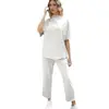 Conjunto de Tricô Cruzado de Manga Longa com Gola Alta Meia-Alta e Manga Morcego, Conjunto de Duas Peças com Calça de Perna Larga Solta e Fluida, Manga Curta para o Início do Outono