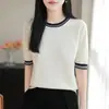 Camiseta de manga corta 100% algodón puro para mujer, nuevo popular color de verano en bloques de color, top de punto de manga media estilo Chanel pequeño