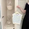 Colete azul com listras azul-marinho e gola azul-marinho para bebês meninas, verão, fresco, fino, de tricô, sem mangas, peça versátil