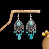 Pendientes Retro Étnicos Europeos y Americanos de Turquesa Azul con Diseño de Anillo Hueco, Colgantes de Borla Floral de Gama Alta, Pendientes Exagerados de Gota de Agua