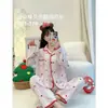 Pijama de Manga Larga con Borde de Color Contrastante para Mujer, Primavera y Otoño, Cardigan con Solapa, Algodón Nube, Doble Estampado Largo, Ropa de Casa, Conjunto de Dos Piezas