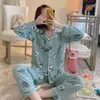 Corea Estilo Coreano ins Cuadros Pijama de Primavera y Otoño para Mujer Pantalones de Manga Larga Cárdigan Traje Lindo de Dibujos Animados Ropa de Casa Comercio Exterior