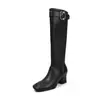 Botas de caballero con hebilla para mujer, botas largas ajustadas, nuevo estilo otoño e invierno, punta redonda, tacón alto grueso, cremallera lateral, botas largas elásticas para mujer