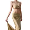 Traje de baño estilo Resort de Isla para Mujer con Dropshipping, Impresionante Conjunto de Tres Piezas Color Dorado Champaña con Bikini de Falda Larga Sexy