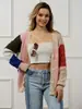 Comercio Exterior Transfronterizo Moda Callejera de Otoño Cárdigan de Punto para Mujer Cuello en V Holgado Combinación de Colores Suéter Versátil Botones Combinación de Colores