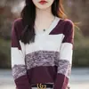 Moda Primavera y Otoño Transfronteriza Bloque de Color Cuello en V Algodón Puro Tejido Estilo Coreano Manga Larga Holgado Casual Suéter Top Elegante