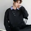 Diseño Nuevo Primavera y Otoño 2025 Sudadera de Manga Larga con Rayas Empalmadas Falsa de Dos Piezas Solapa Moda Masculina Camiseta de Manga Larga