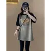 Camiseta de Manga Corta Gruesa con Bloques de Color y Forro Polar Cepillado para Mujer, Moda Casual Suelta de Longitud Media para Primavera y Verano Combinada con un Top con Estampado de Tiburón