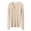 Suéter de punto fino ajustado de mezcla de lana cachemira con cuello en V y canalé vertical, suéter de punto fino versátil para otoño e invierno, top cálido que estiliza