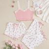 Pijamas de Amor para Mujer en Primavera y Verano, Dulce y Lindo Conjunto de Tres Piezas, Shorts de Tirantes de Algodón de Alta Gama, Pantalones, Ropa de Casa Sexy