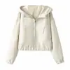 Chamarra corta casual con capucha para mujer, cuello grande, cierre, cintura ajustada, dobladillo fruncido y diseño a prueba de viento, para personas petite