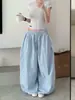 Calça cargo listrada de perna larga estilo de rua americana para mulheres, corte solto com cintura elástica de cordão, calça casual para dança hip-hop e esportes