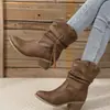 Moda Transfronteiriça Europeia e Americana Botas de Moda de Cano Médio para Mulheres, Exportação Tamanho Grande Retrô Salto Grosso Plissado Pé V-Boca Cavaleiro Ocidental