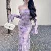 Vestido Retro Estilo Francés con Estampado de Mariposas para Mujer, Morado, Puro Deseo, Ceñido a la Cintura, Adelgazante, Ajustado al Cuerpo, Vestido Largo de Sirena