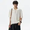 Camiseta Masculina de Manga Curta com Gola, Padrão Espiga de Trigo, Falsa Peça Dupla, Nova Tendência de Verão, Marca, Meio Zíper, Solta, Casual