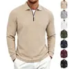 Camisa polo de tricô masculina com zíper parcial e gola, coleção primavera/outono, textura de listras verticais, blusa de manga longa, estilo business casual