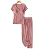 Conjunto de Calça e Blusa de Manga Curta para Maternidade Amamentação Pós-parto Roupas de Resguardo Primavera e Verão Pijamas Gravidez Mamãe Quente Roupas para Casa Atacado