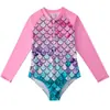 Traje de baño estampado transfronterizo de comercio exterior europeo y americano 2027, traje de baño de una pieza para niños, traje de baño de manga larga para niñas con escamas de pez para aguas termales