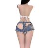 Lingerie sexy shorts jeans stretch sexy colete vazado cintura baixa Bar balada hot pants jeans conjunto