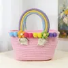 Bolsa de Palha Trançada Bolsa de Mão Coreana de Nicho Bolsa Trançada de Corda de Algodão Feminina Bolsa Tote Bolsa de Praia Cor Dopamina