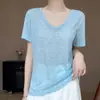 Camiseta de manga corta, ajuste holgado de verano, estilo nuevo, lyocell fino, cuello en V, color liso, versión coreana, top casual simple para mujer