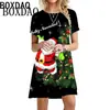 Vestido Mini Casual de Verão Soltinho com Manga Curta, Estampa Digital 3D de Rena de Natal e Papai Noel Fofo para Festa
