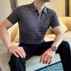 Camisa polo de verano de lino Tencel para hombre, estilo old money de lujo ligero, cuello de gaviota, camiseta de rayas frescas y agradable para la piel de manga corta para hombre
