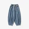 Calça jeans lanterna masculina retrô moderna estilo japonês, calça harém com cordão plus size, calça longa casual solta de perna reta e larga