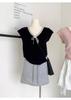 Camiseta de verano con escote en V, manga corta, lazo y encaje, estilo japonés y coreano, color liso, sencilla y sencilla, para mujer.