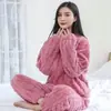 Pijama de Coral Fleece para Mujer, Set de Dos Piezas Engrosado Cálido para Otoño e Invierno, Conjunto de Cardigan de Franela, Se Puede Usar Afuera, Ropa de Casa para Mujer