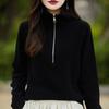 Suéter Casual Elegante com Gola Lapela e Mangas Longas, Design Base Espessado com Meio Zíper, Pura Lã Australiana para Mulheres