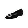 Sapato Feminino Versátil para o Dia a Dia, Salto Baixo Confortável, Salto Grosso, Camurça, Bico Raso, Fivela Quadrada com Strass Elegante - Nova Coleção de Outono