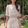 Saia Estampada Elegante com Babados na Cintura Estilo Suave Cadarço Vestido Floral de Chiffon Pg9087