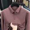 Nova Camisa Polo Masculina Outono 2026 Negócios Solta Casual Listrada Gola Tricô Manga Longa Camiseta Masculina Roupas de Pai