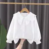 Camisa Branca de Algodão Puro para Meninas 2026 Nova Coleção Primavera e Outono Roupas Infantis Camisa Branca com Gola Boneca para 4-10 Anos