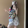 Pijama de verano para mujer 2026 chaleco de algodón shorts lindo caricatura gato KT estudiante casual usable ropa de casa delgado