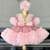 Vestido de Dama de Honor con Lazo de Lentejuelas Rosas, Vestido de Manga Corta para Niñas, Adecuado para Fiestas de Baile, Fiestas de Cumpleaños, Banquetes y Navidad