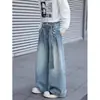 Pantalones Azules de Pierna Ancha Estilo Americano para Hombre, Jeans Rectos Nuevos de Gama Alta con Diseño de Cinturón Retro Americano