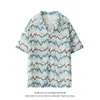 Camisa de Manga Curta com Design de Cor Contrastante Texturizado Vazado Estilo Feriado Estilo Coreano Camisa Casual Solta de Verão para Homens