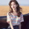 Verano 2025 Chic Coreano Único y Hermoso Tops Sueltos y Versátiles Coloridas Camisetas de Manga Corta a Rayas para Mujer