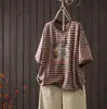 Camiseta de Verano Nuevo Estilo Holgada Moda Adelgazante Casual Versátil Rayas con Estampado de Bicicleta Cuello Redondo Top que Reduce la Edad