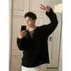 Suéter de Cor Sólida com Gola Redonda e Design Desgastado Estilo Americano Outono Inicial Unissex Malha Casual Solta de Manga Longa