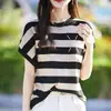 Ropa de mujer a rayas de talla grande transfronteriza al por mayor, nuevo estilo verano 2026, tops que cubren la barriga, camisetas de manga corta, prendas de punto para mujer
