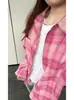 2025 Camisa Retro a Cuadros Rosa de Manga Larga Otoño Nuevo Holgada Delgada Perezosa Chaqueta Camisa Top Transfronterizo