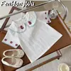 Casa Rosa¡Suave como la leche! Conjunto de verano de estilo coreano para niñas, con bloques de color, bordado de cerezas, manga corta y cuello de muñeca