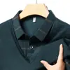 Camiseta Masculina Falsa de Duas Peças com Manga Longa, Nova Coleção Primavera e Outono, Roupa Masculina Casual de Negócios, Camisa de Alta Qualidade para Meia-Idade com Gola Xadrez