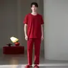 Pijama de Algodón Lycra para Mujer, Rojo Festivo Sencillo Casual de Manga Corta y Pantalón Largo para Pareja de Recién Casados, Conjunto de Ropa para el Hogar para el Año de Nacimiento
