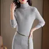 Suéter de punto acanalado de lana 100% de manga larga ajustado de color liso, nuevo estilo de primavera, vestido largo simple versión coreana para mujer
